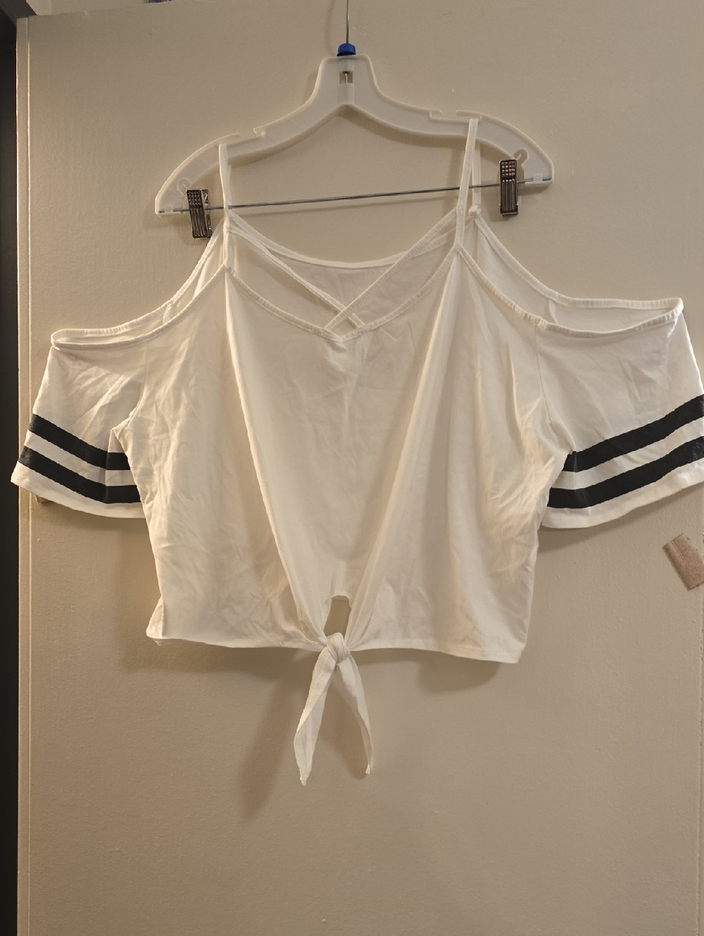 Cold-Shoulder Tie-Front Crop Top in White with Stripe Sleeve Detail